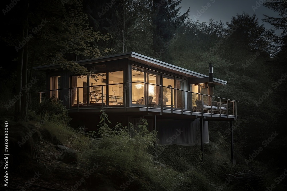 Wooden house with glasses at the hill. Generative AI. Wooden house with glasses at the hill. Generative AI.