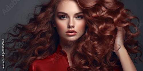 Beautiful woman with long and shiny wavy hair . Beauty model girl with curly hairstyle and red manicure nails. Generative ai.