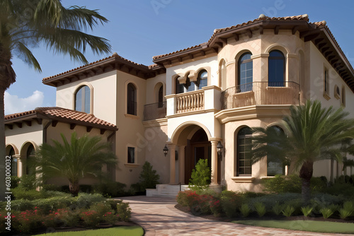 Mediterranean Style House - Originated in Spain and Italy in the early 20th century, characterized by stucco walls, red-tile roofs, and arched windows and doorways (Generative AI) © Russell