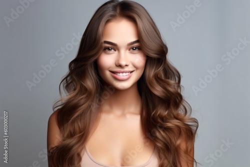 Beauty brunette girl with long shiny curly hair . Beautiful smiling woman model wavy hairstyle . Cosmetology, generative ai.
