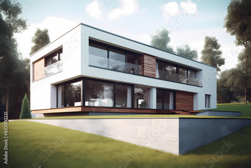 Modern Style House - Originated in the early 20th century, characterized by simplicity, clean lines, and the use of modern materials such as concrete and steel (Generative AI) © Russell