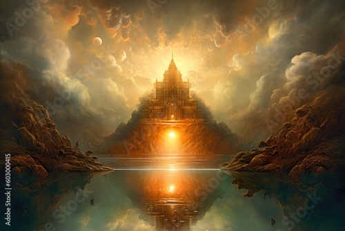 Temple in the sunset dramatic sky. Generative AI.
