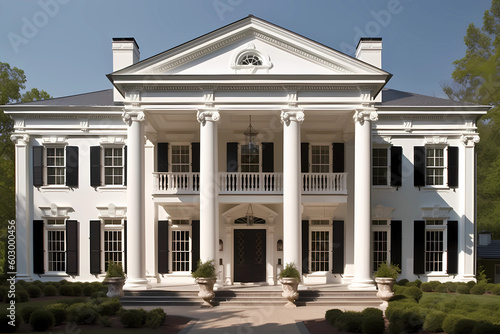 Neoclassical Revival Style House - Originated in United States in late 19th & early 20th century, characterized by a symmetrical design with columns, pediments and a central front door (Generative AI)
