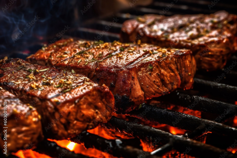 mehrere Rumpsteaks gewürzt mit Kräutern auf Grill mit Flammen und Rauch ...