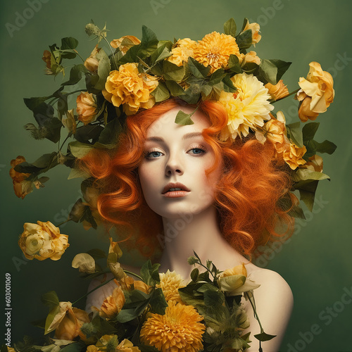 Beautiful white girl with flowers in hair. Lady spring full of flowers portrait. Season in human form. AI generative