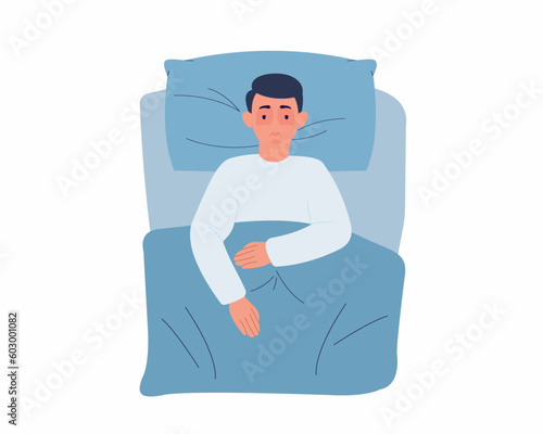 Young male exhausted and suffering from insomnia Concept of sleeping disorder, tired, depression, illness effect.