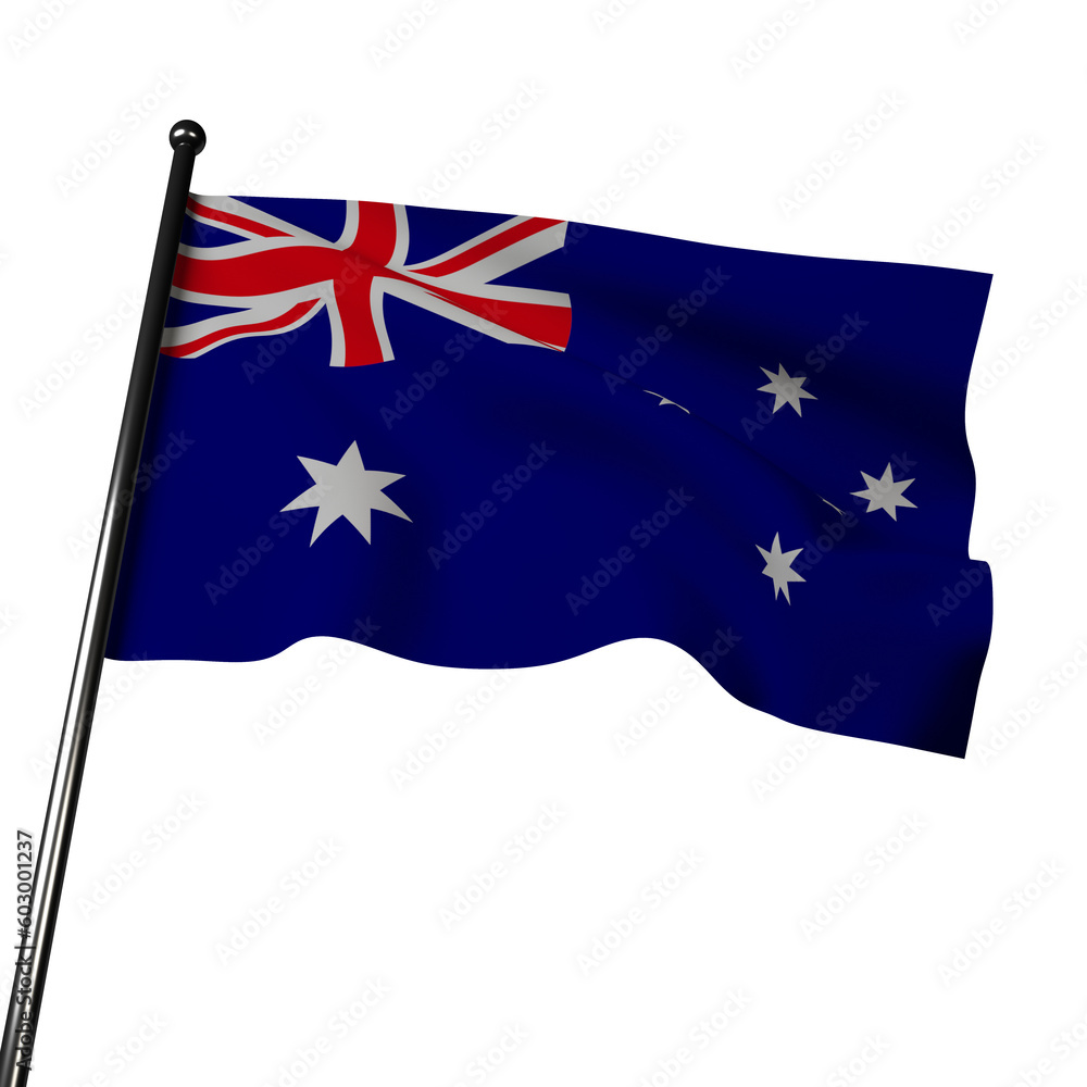3D rendering of the Australian flag, featuring realistic fabric that appears to wave in the wind. The Union Jack, Southern Cross, and vibrant blue and red colors 3D rendering of the Australian flag, featuring realistic fabric that appears to wave in the wind. The Union Jack, Southern Cross, and vibrant blue and red colors