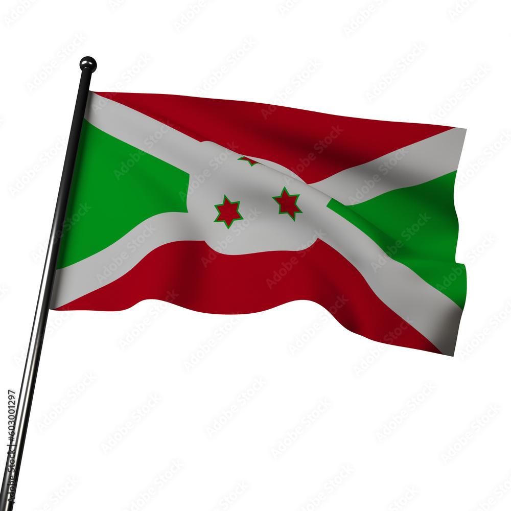 Burundi flag waves in 3D on a gray backdrop. The flag's colors, red, green, and white, represent unity, hope, and peace, while the saltire cross symbolizes the country's Christian heritage. Burundi flag waves in 3D on a gray backdrop. The flag's colors, red, green, and white, represent unity, hope, and peace, while the saltire cross symbolizes the country's Christian heritage.