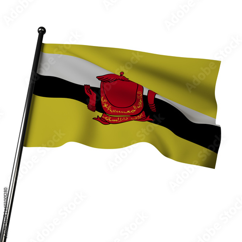3D Brunei flag waving on gray background. Yellow stripe for royalty and prosperity, black stripe for nobility. photo