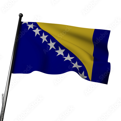 Celebrate Bosnian culture with this 3D render of the Bosnia and Herzegovina flag. The blue and yellow design with seven white stars waves against a gray background.  photo