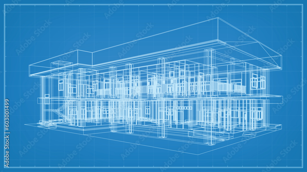 3D perspective render of wireframe architectural construction. 3D building wireframe. Vector illustration.