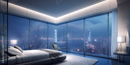 a modern bedroom illuminated by LED strips, overlooking the greatest city view of skyscrapers at night - Generative AI