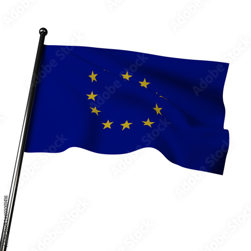 European Union flag waving on gray background, 12 yellow stars symbolize unity on blue harmony background. Represents political and economic union of 27 member state