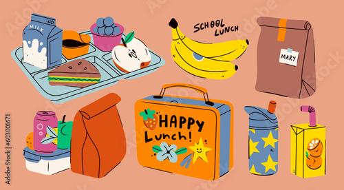 School lunch box, container, tray with meals, paper bag. Various food: sandwich, fruits, milk, juice, soda. Hand drawn Vector illustration. Isolated elements, design templates. Healthy food concept photo