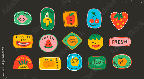 Set of various food Stickers. Colorful patch, tag, stamp, label, badge. Healthy, fresh, organic, local, fruit, eco, vegetarian concept. Hand drawn Vector illustration. Isolated design templates