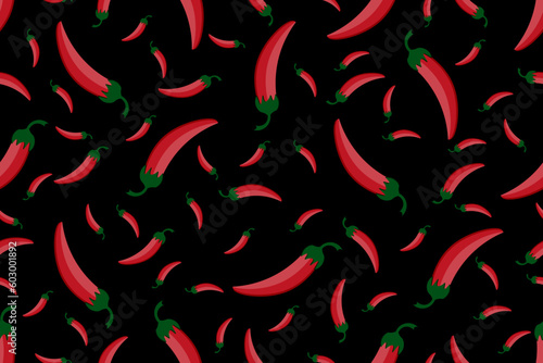 Seamless pattern with Chilli Peppers. Red Hot Chilli Peppers endless ornament. Wallpaper and bed linen print. Paprika background. Cayenne backdrop. Vector illustration. 
