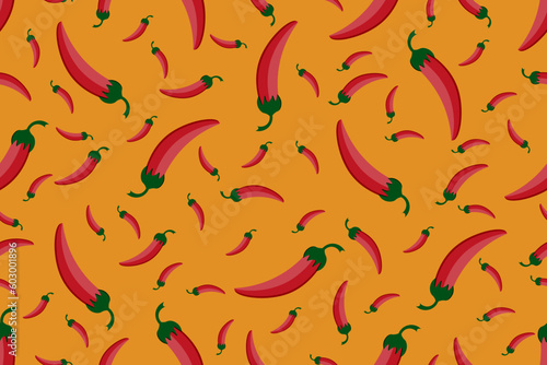 Seamless pattern with Red Hot Chilli Peppers. Cayenne Peppers endless ornament. Wallpaper and bed linen print. Paprika background. Chili backdrop. Vector illustration. 