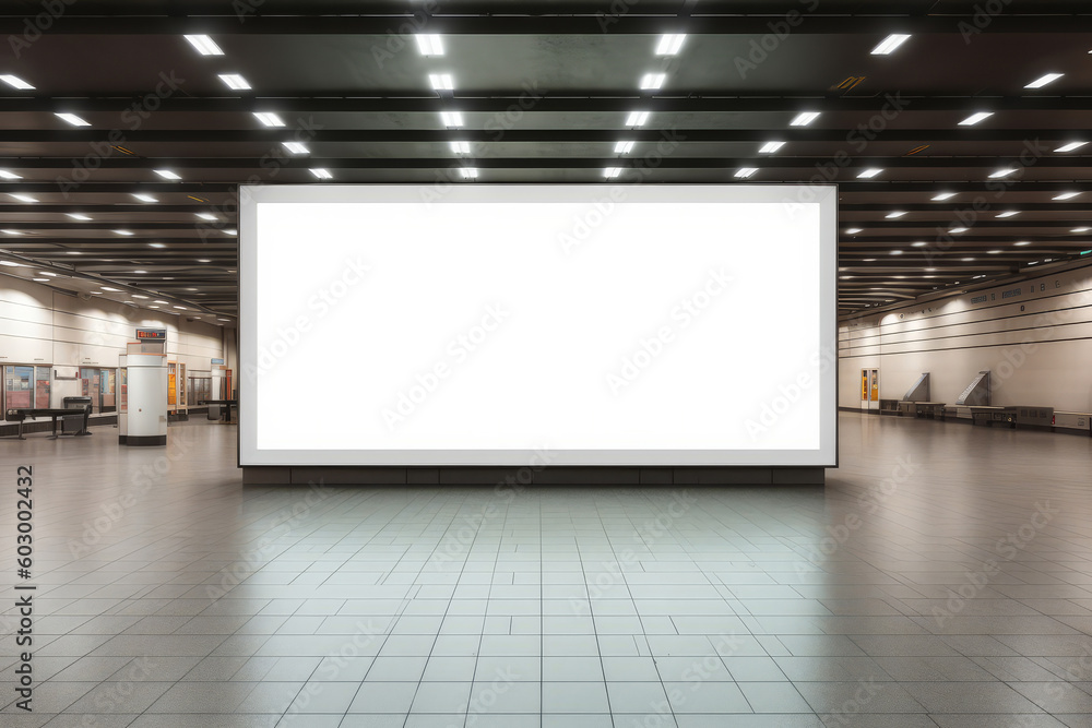 An empty blank billboard advertising poster in an airport terminal. Generative ai An empty blank billboard advertising poster in an airport terminal. Generative ai