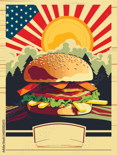 Hamburger poster. Old style poster art. Big burger on retro style. Fast food menu vector cover design. Space for text.