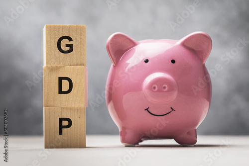 Piggy bank and wooden cubes with text on abstract background, concept on GDP theme