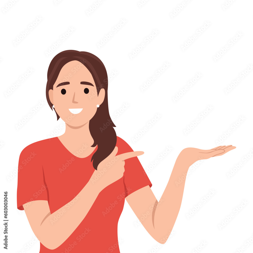 Smiling young woman point up at good deal or offer. Happy girl show with fingers up recommend good sale or discount. Copy space. Flat vector illustration isolated on white background Smiling young woman point up at good deal or offer. Happy girl show with fingers up recommend good sale or discount. Copy space. Flat vector illustration isolated on white background