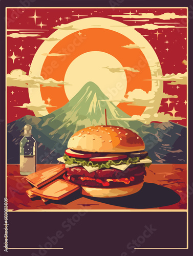 Hamburger poster. Old style poster art. Big burger on retro style. Fast food menu vector cover design. Space for text.