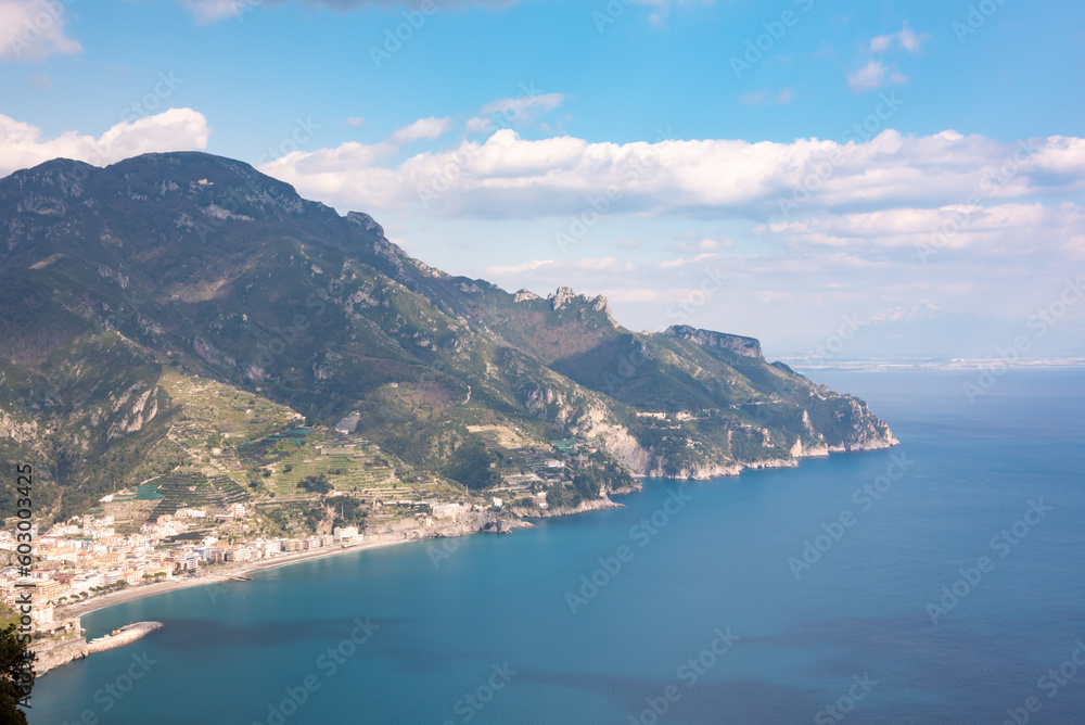 Panoramic view of Amalfi sea coast in Italy. Mediterranean coastal landscape