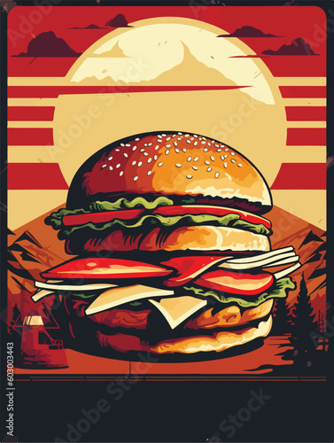 Hamburger poster. Old style poster art. Big burger on retro style. Fast food menu vector cover design. Space for text.