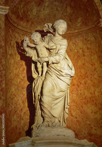 Virgin and Child known as Our Lady of Graces, by Antoine Coisevox in 1700, historical heritage statue of Lyon, France