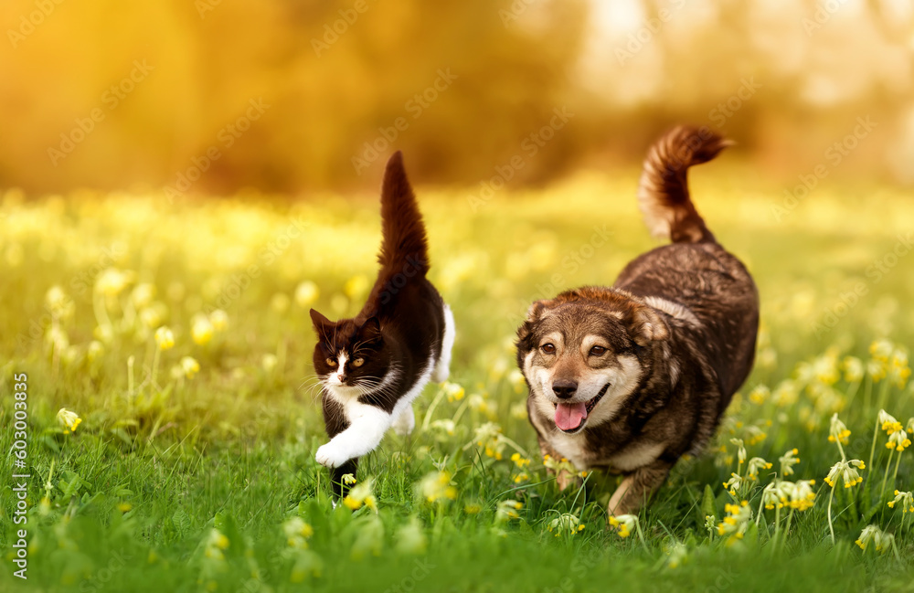 funny friends cat and dog run through a sunny meadow on the grass on a summer day