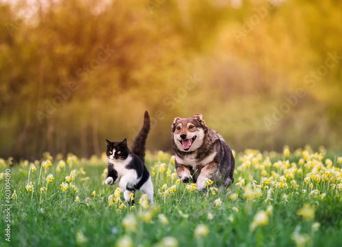 funny friends cat and dog run through a sunny meadow on the grass on a summer...