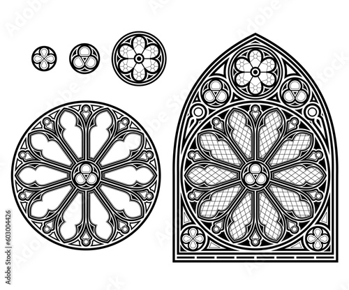 Medieval Gothic stained glass cathedral window set