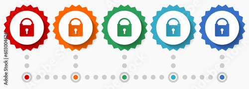 Padlock, security vector icon set, colorful infographic template, set of flat design badge icons in 5 color options