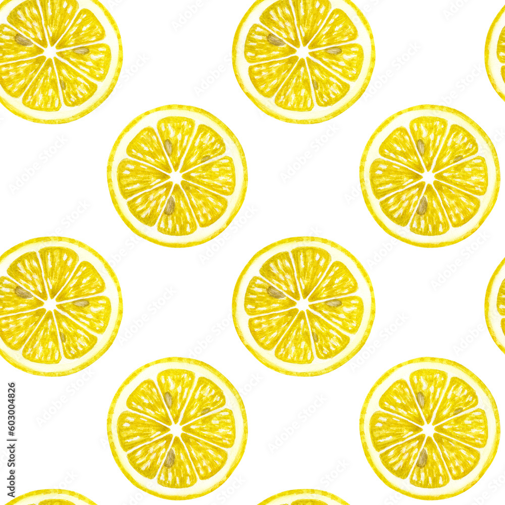 Lemon round slice citrus. Seamless endless pattern. Hand drawn watercolor illustration isolated on white background. For cosmetics packaging, beauty magazines