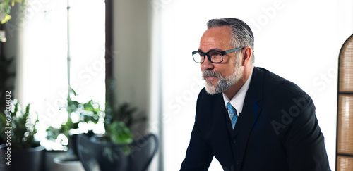 portrait of caucasian CEO business leader senior manager in eye glasses standing by window thinking