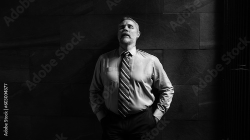 Portrait senior man stressed sad and tired from over working standing on dark wall background. Overworked and worried. CEO business company