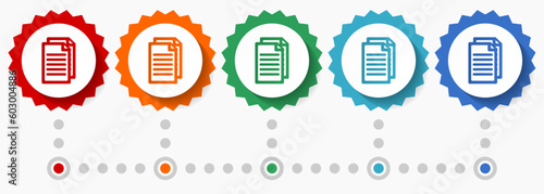 Document, file, copy vector icon set, colorful infographic template, set of flat design badge icons in 5 color options