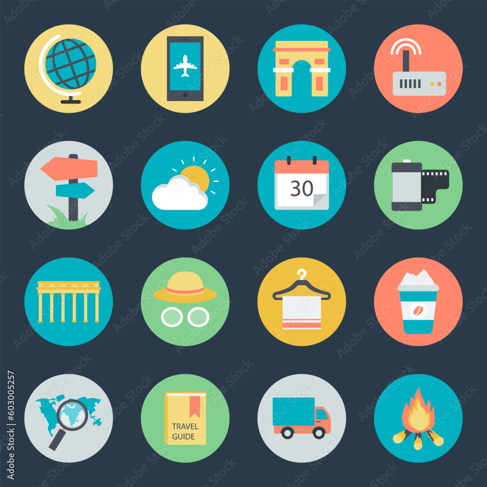 Bundle of Travel Planning Icons in Flat Style
Bundle of Travel Planning Icons in Flat Style