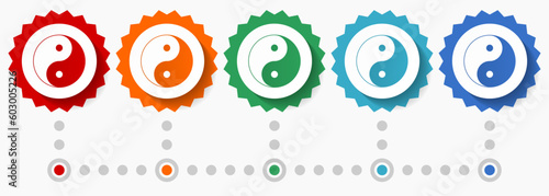 Ying yang vector icon set, colorful infographic template, set of flat design badge icons in 5 color options