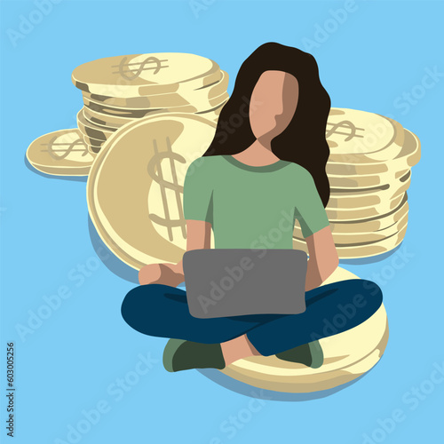 Vector isolated illustration of a girl with a laptop. Freelancer. Earnings on the Internet. Success in online sales. Business strategy of earning money online.