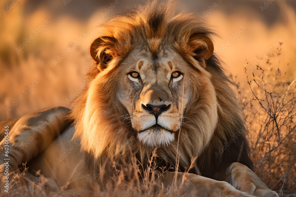  lion in the savannah, displaying its regal mane and intense gaze ai generated art