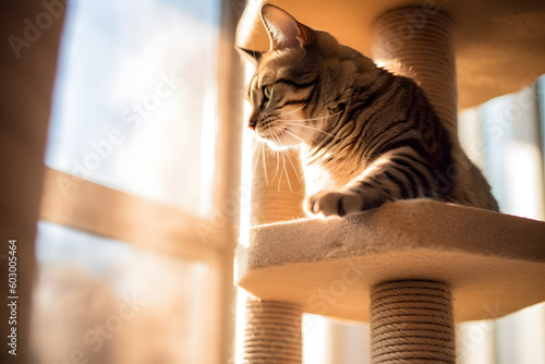 cat on window  climb a tall cat tower ai generated art photo