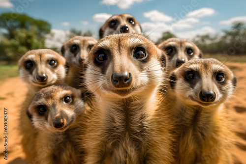 Photo group of meerkats standing upright and looking attentively at the camera ai gene