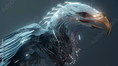 Tela a futuristic eagle with a cybernetic beak and wings that can generate an electromagnetic field