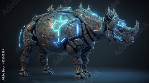 a futuristic rhino with augmented armor plating and glowing energy horns. Generative AI