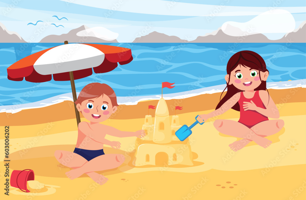 Children on the beach, hello summer. Kids having fun. Summer vacation. Vector illustrations