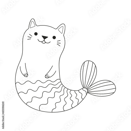 Cute funny cat mermaid swimming in ocean cartoon character illustration. Hand drawn kawaii style design, line art, isolated vector. Black and white coloring pages. Kids print element, sea fairy tale