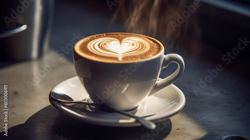 A classic cup of coffee  with steam rising from the surface and a heart-shaped latte art design Generative AI