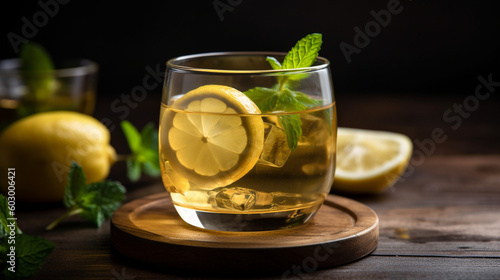 A refreshing glass of iced green tea, with a lemon wedge and a sprig of fresh mint, perfect for a sunny day Generative AI