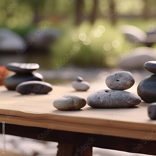 There are balancing stones placed on the wooden table in the lush Zen garden    bringing a sense of tranquility and serenity to the mind and body.